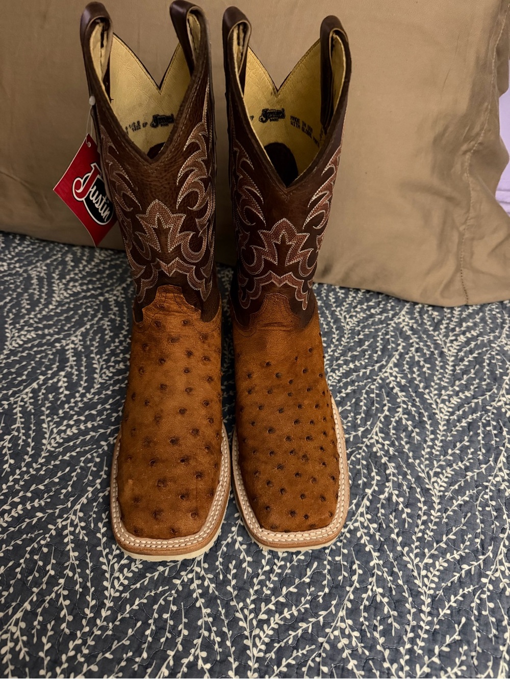 Justin Boots Brown Two-Tone Ostrich Leather Heeled Cowboy Boots